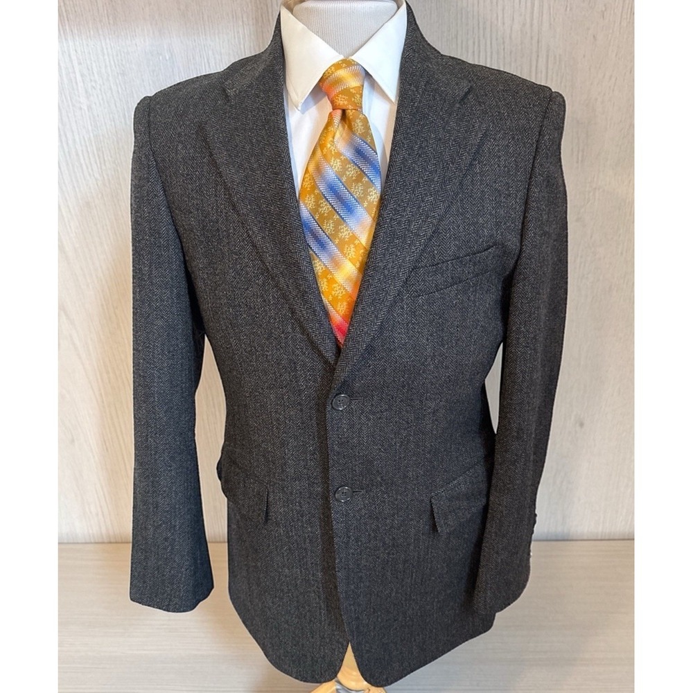 Vtg Christian Brooks 38R Gray Tan Herringbone Tweed Wool Jacket Sport Coat